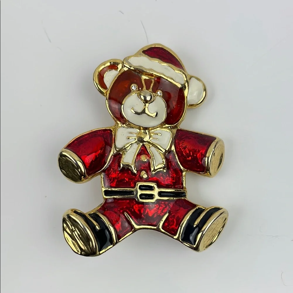 Vintage Christmas Teddy Bear Brooch Red Gold Enamel